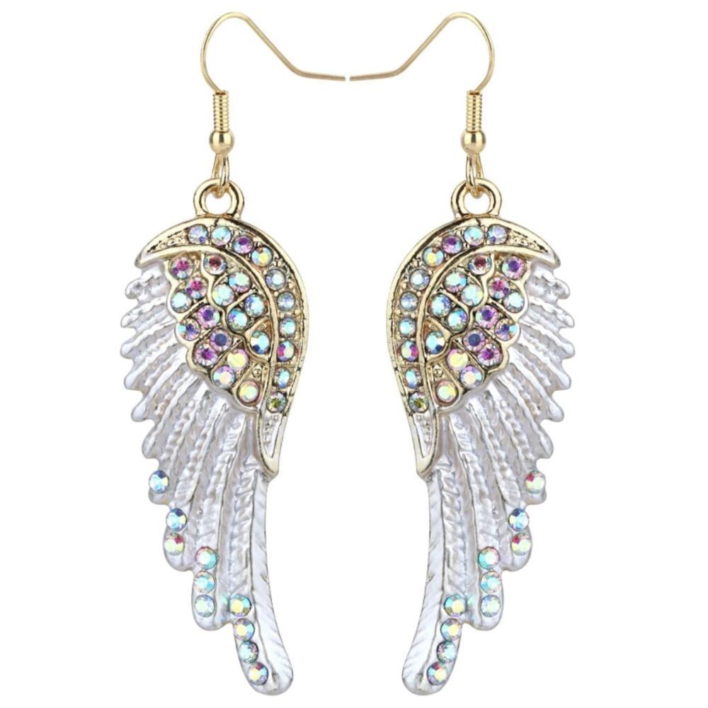 Yellow Gold with AB Aurora Borealis Crystal Angel Wing Dangle Hook Earrings